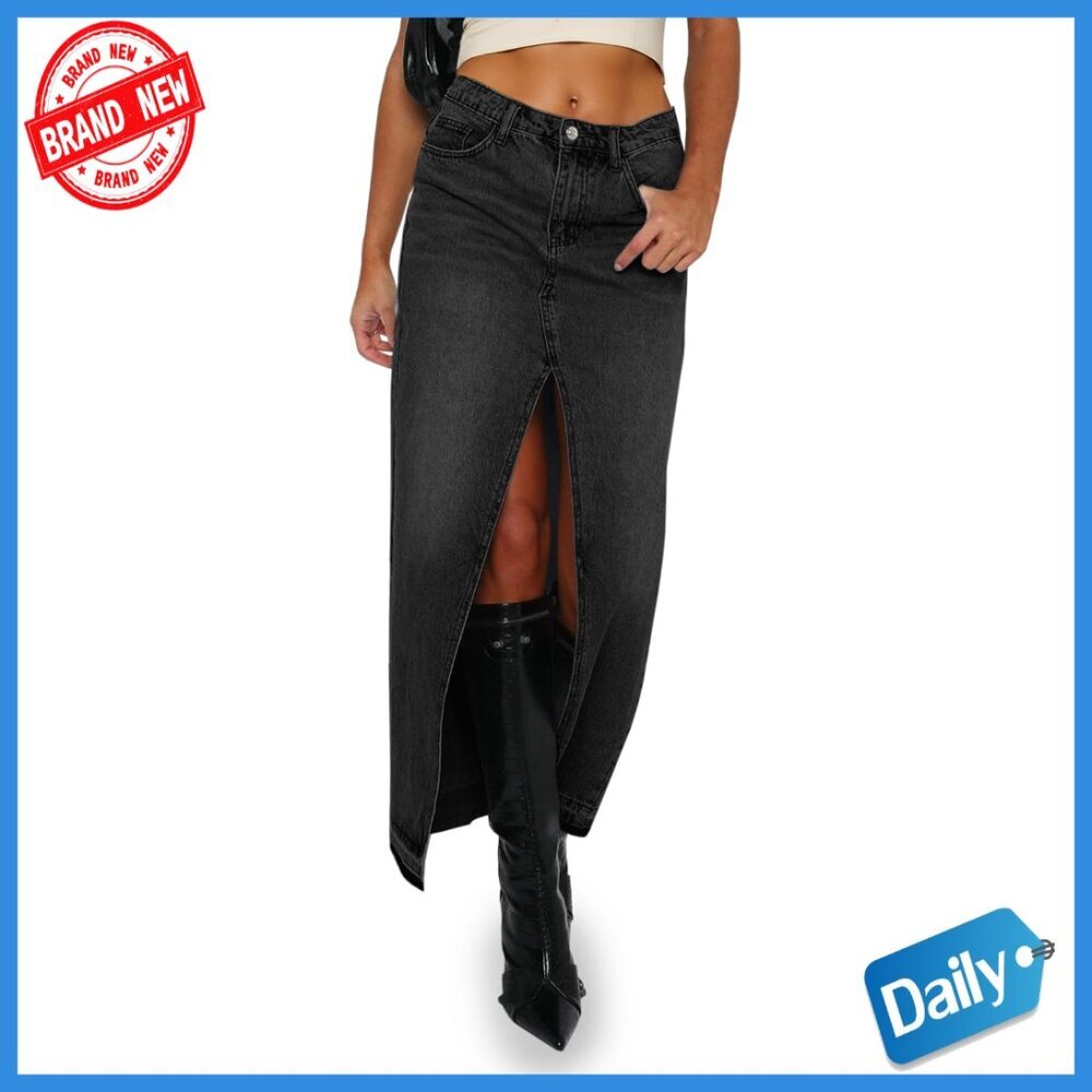 High Waisted Denim Maxi Skirt with Frayed Hem and Asymmetrical Split